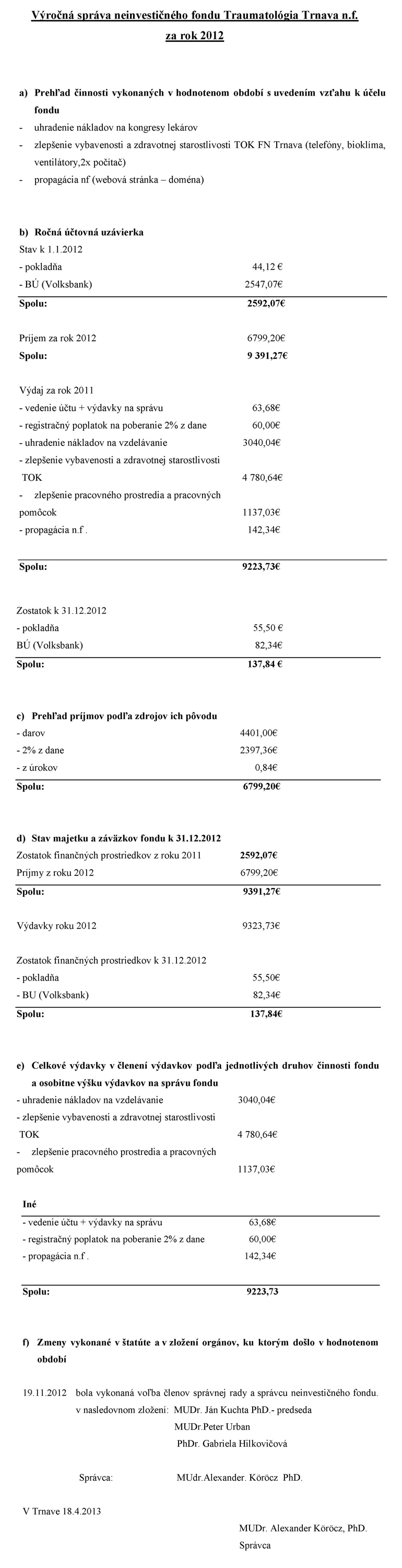 Výročná správa neinvestičného fondu Traumatológia Trnava, n.f. za rok 2012